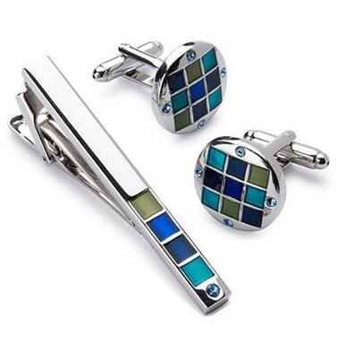 Manžetové knoflíčky se sponou na kravatu modrá mozaika
